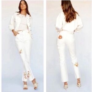 Reformation Jeans Cynthia High Rise Straight in White Embroidered Floral